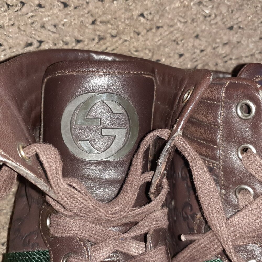GUCCI-GG High Top 'Guccisima'-Brown Leather Hi-Top Sneakers-Sz 8.5-Excellent - Picture 8 of 11